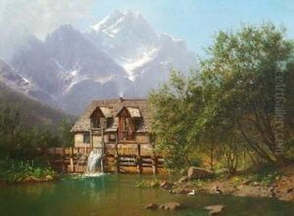 Alpenlandische Bergwelt Mit Gehoft Oil Painting by Robert Schultze