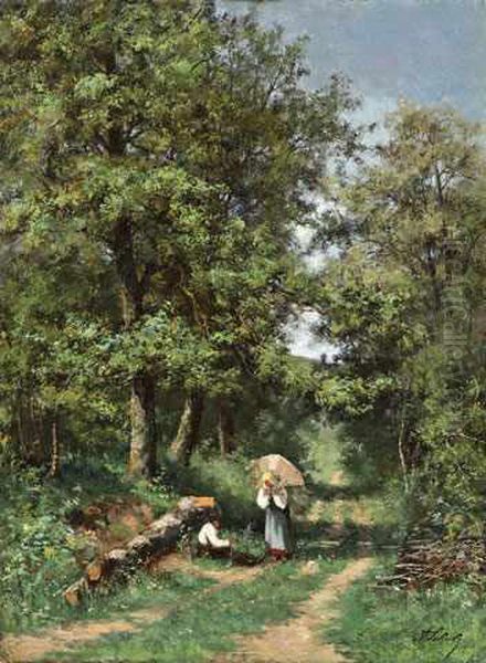 La Cueillette Des Fleurs En Foretde Barbizon Oil Painting by Adrien Schulz