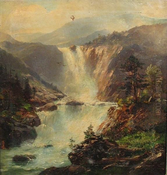 A Mountainous Landscape With A Waterfall Oil Painting by Karl Friedrich Schulz