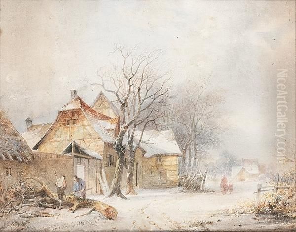 Figures In A Winter Landscape Oil Painting by Karl Friedrich Schulz