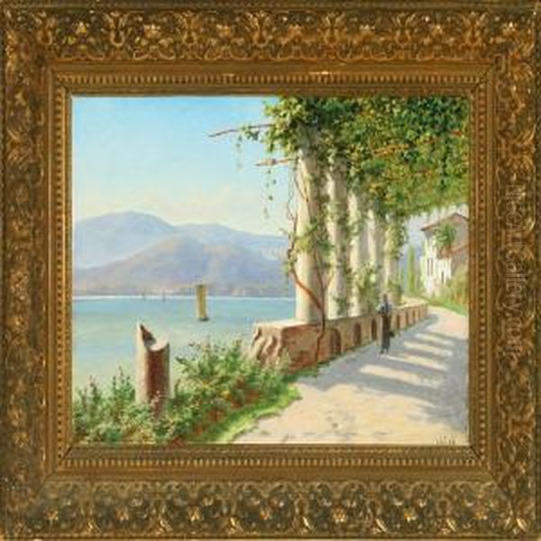 Italian Landscapewith A Woman Walking In Pergola Oil Painting by Harald Peter W. Schumacher