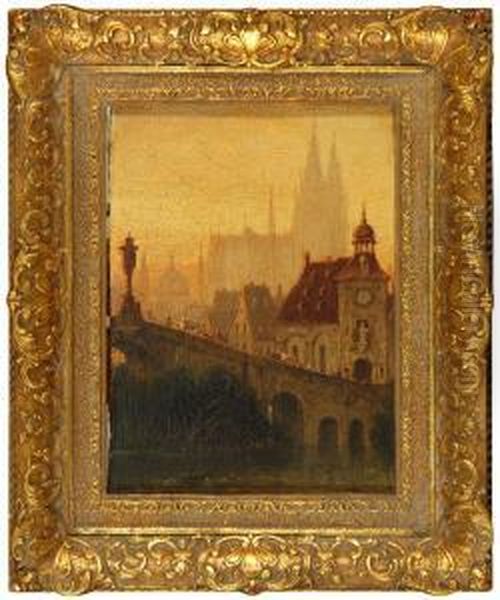 European City Landscape With Figures On A Bridge Oil Painting by Harald Peter W. Schumacher