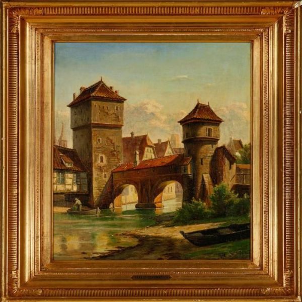 Overlooking The Hangman Bridge In Nuremberg Oil Painting by Harald Peter W. Schumacher