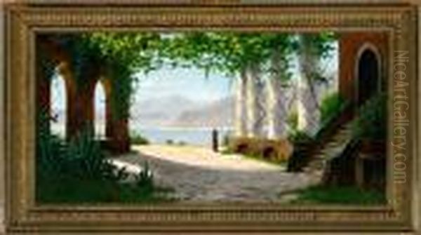 A Woman In A Pergola By Lake Como Oil Painting by Harald Peter W. Schumacher