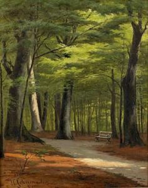 Sommerlicher Waldweg Mit Parkbank. Oil Painting by Harald Peter W. Schumacher