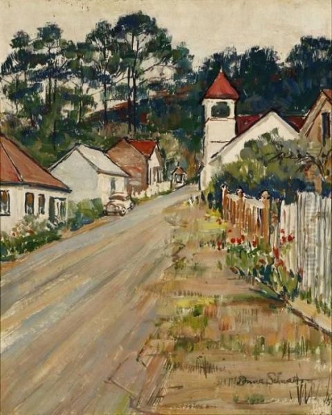 Village Street Oil Painting by Donna Schuster