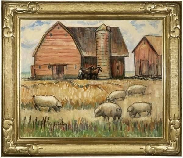 Pigs And Horses In A Farm Scene Oil Painting by Donna Schuster