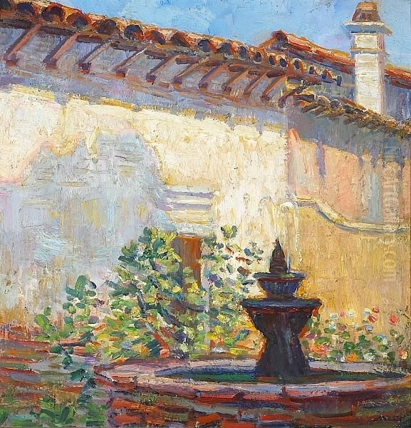 Mission Courtyard Oil Painting by Donna Schuster