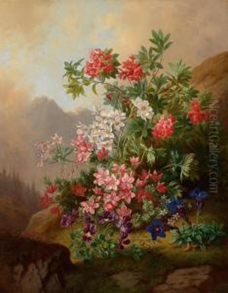 Quadro Di Fiori Alpini Con Viola E Genziana Oil Painting by Josef Schuster