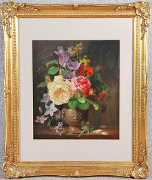 Still Life With Vase And Roses Oil Painting by Josef Schuster