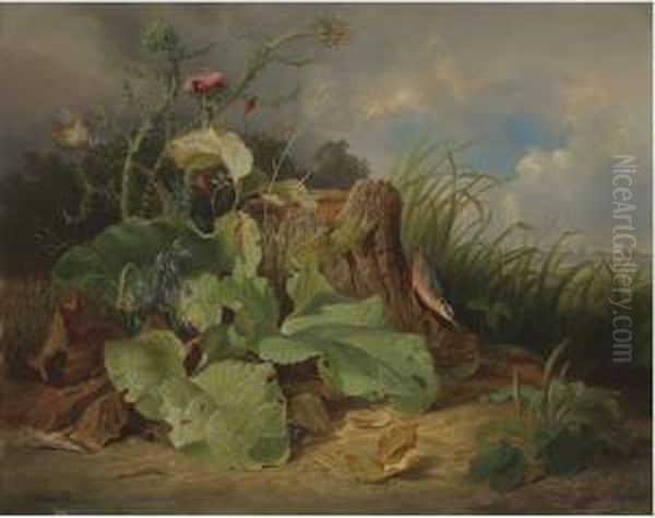 Still Life With Thistle And Bird Oil Painting by Josef Schuster