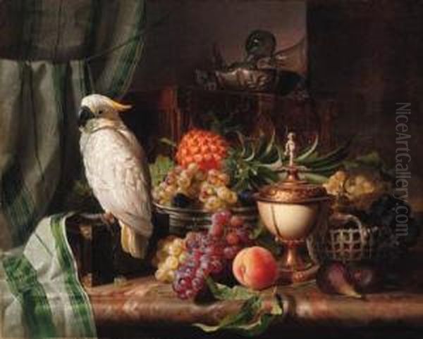 A Cockatoo, Grapes, Figs, Plums,
 A Pineapple, And A Peach Withother Objects On A Marble Ledge Oil Painting by Josef Schuster