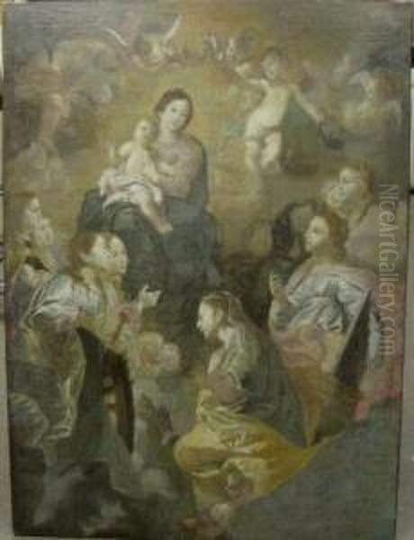 The Holy Family Adorned By Female Saints And Angels Oil Painting by Cornelis I Schut