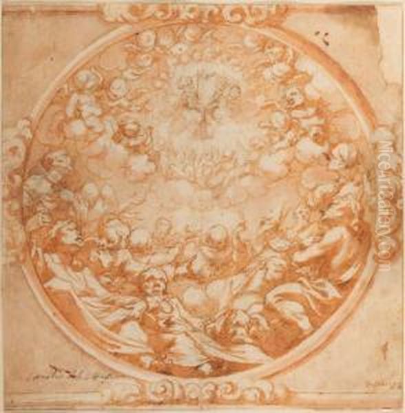 A Vision Of The Trinity 
Appearing With Angels Before Assembledsaints And Martyrs: Design For A 
Ceiling Oil Painting by Cornelis I Schut