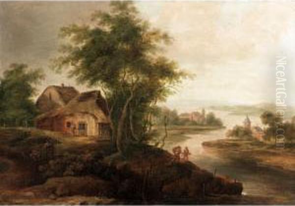 River Landscape With A Cottage Oil Painting by Franz Schutz