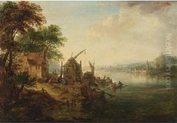 An Extensive River Landscape Oil Painting by Johann Georg Schutz