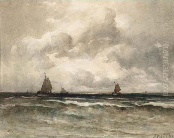 Fishing Boats At Sea Oil Painting by Willem Joannes Schutz