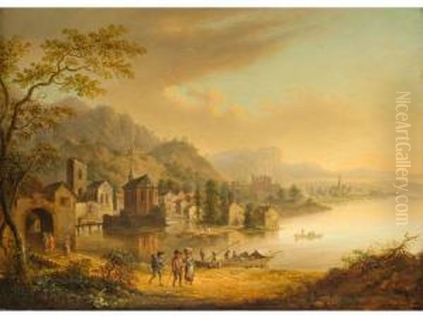 Flusslandschaft Mit Uferbebauung Undruine Oil Painting by Christian Georg Ii Schuz