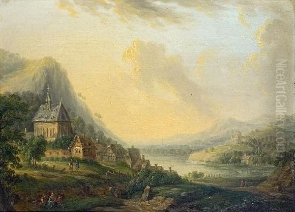 Flusslandschaft Mit Dorf Und Kirche Oil Painting by Christian Georg Ii Schuz