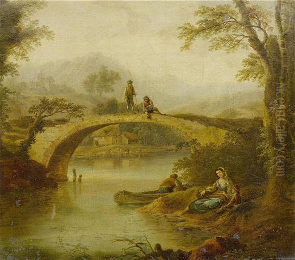 Landscape With Fishermen On The Bridge Oil Painting by Christian Georg Ii Schuz