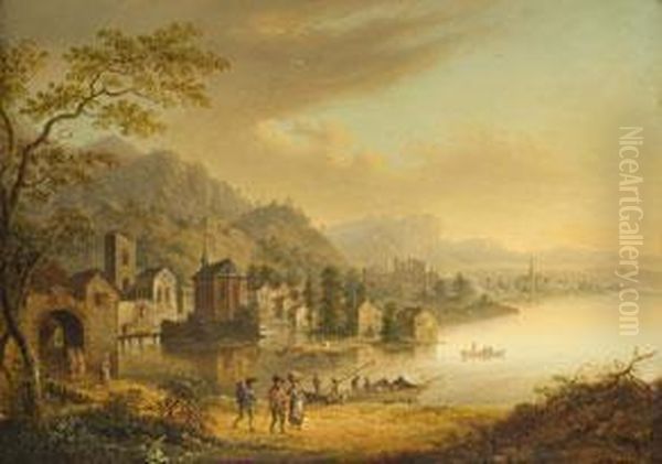 Flusslandschaft Mit Uferbebauung Und Ruine Oil Painting by Christian Georg Ii Schuz