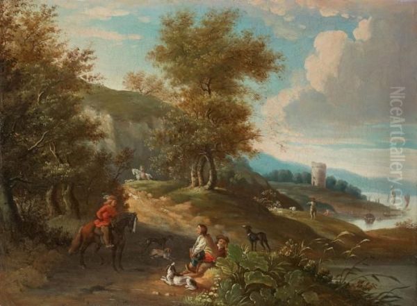 Landschaft Mit Reitern Und Anglern Oil Painting by Christian Georg Ii Schuz