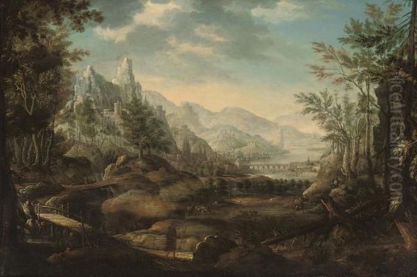 An Extensive Mountainous 
Landscape With A Traveller Crossing Abridge, A Herd Of Cattle And A Town
 Beyond Oil Painting by Christian Georg Ii Schuz