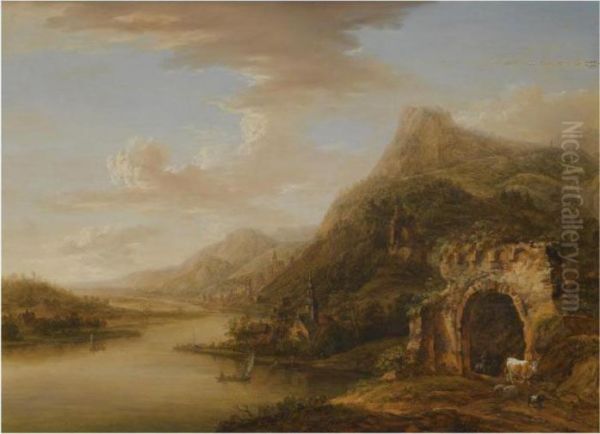 An Extensive Rhenish Landscape With A Ruined Arch In Theforeground Oil Painting by Christian Georg Ii Schuz