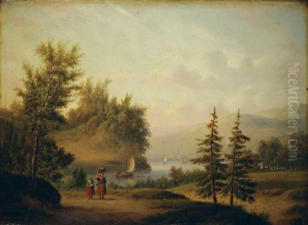 Flusslandschaft Mit Segelbooten Und Figuren. Oil Painting by Christian Georg Ii Schuz