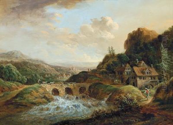 Flusslandschaft Mit Einemwasserfall Oil Painting by Christian Georg Ii Schuz