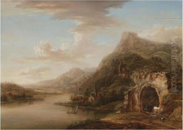 A Rhenish River Landscape Oil Painting by Christian Georg Ii Schuz