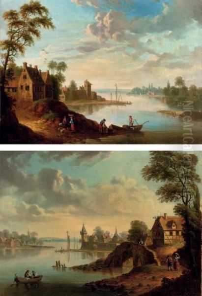 A River Landscape With A 
Village, Peasants At Work And Figures Conversing; And A River Landscape 
With A Walled Town, Figures In A Boat And Travellers On A Track Oil Painting by Christian Georg Ii Schuz