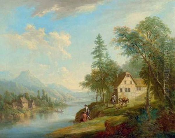 Rhine Landscape. Oil Painting by Christian Georg Ii Schuz