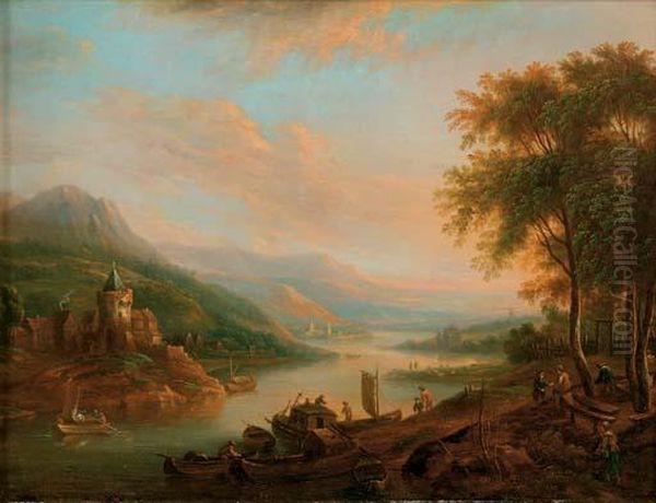 A Rhenish Landscape Oil Painting by Christian Georg Ii Schuz