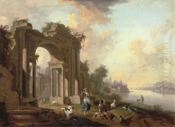 An Architectural 'capriccio' With A Shepherd And A Washerwoman By A River, A Town Beyond Oil Painting by Christian Georg Ii Schuz