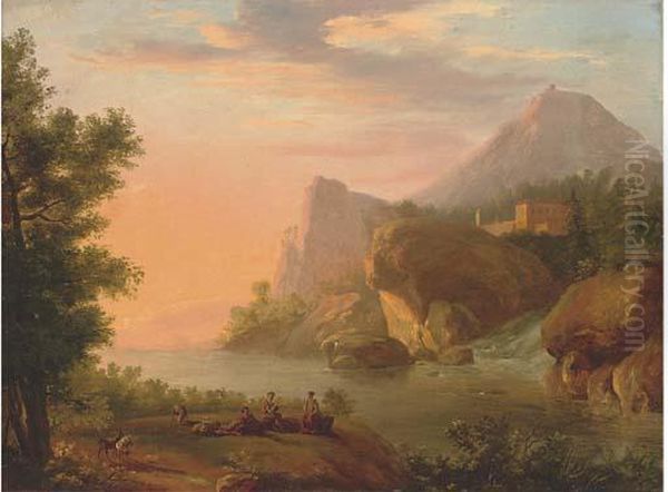 A Rhenish River Landscape Oil Painting by Christian Georg Ii Schuz