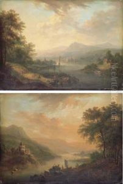 Dawn: A Rhenish River Landscape 
With A Stevedore Loading A Boat; And Dusk: A Rhenish River Landscape 
With Castle On A Hill Oil Painting by Christian Georg Ii Schuz