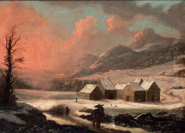 A Winter Landscape With Farms At Sunset Oil Painting by Christian Georg Ii Schuz