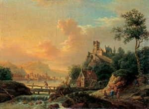 Rheinlandschaft Mit Hochgelegener Burg. Oil Painting by Christian Georg Ii Schuz