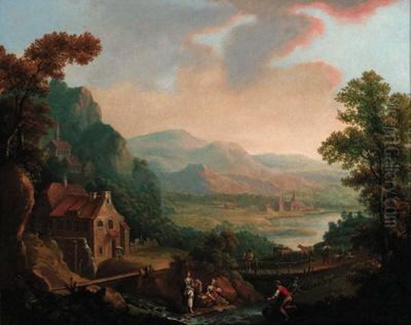 Figures Before A River In An Extensive Landscape, A Townbeyond Oil Painting by Christian Georg Ii Schuz