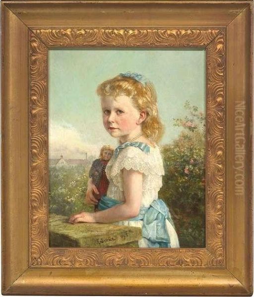 Portrait Of Elisabeth Faber As A Child. In The Background Her Father's Factory Oil Painting by Theodor Christoph Schuz