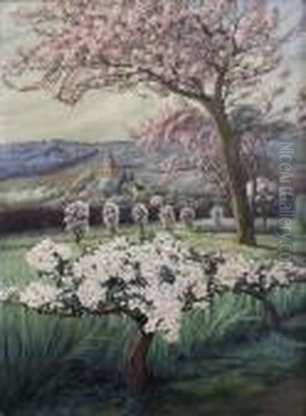 Arbres En Fleur Pres Du Village Oil Painting by Carlos Schwabe