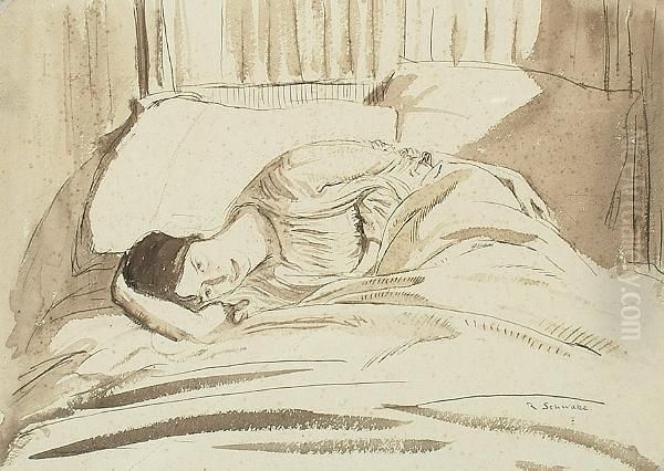 Reclining Lady In Bed. Oil Painting by Randolph Schwabe