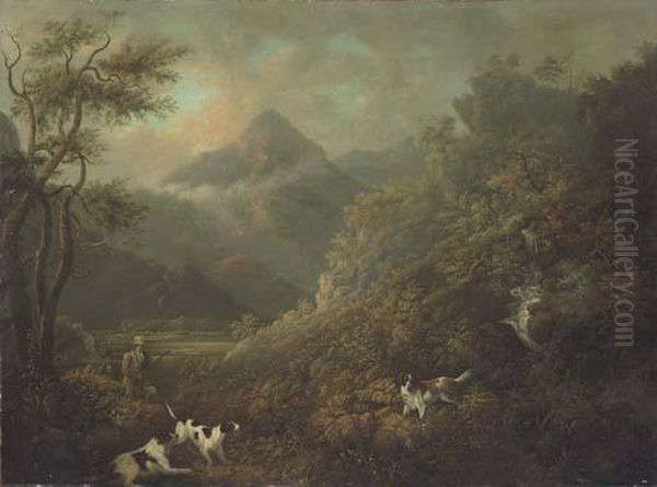 Sportsmen Shooting In An Upland Landscape Oil Painting by Charles Henry Schwanfelder