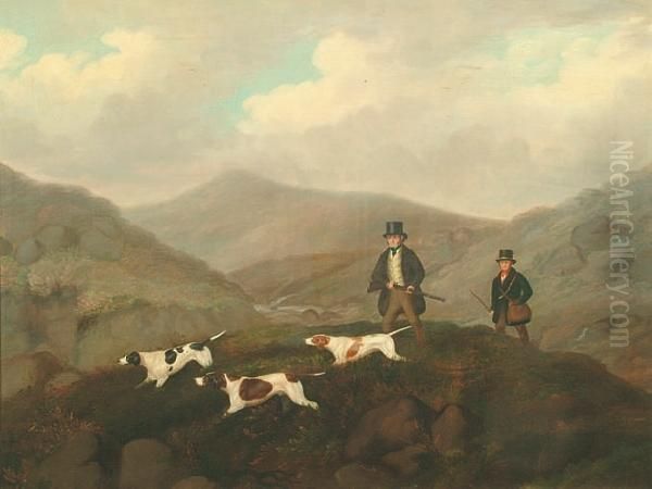 A Highland Shooting Scene With Pointers And Gentlemen Oil Painting by Charles Henry Schwanfelder