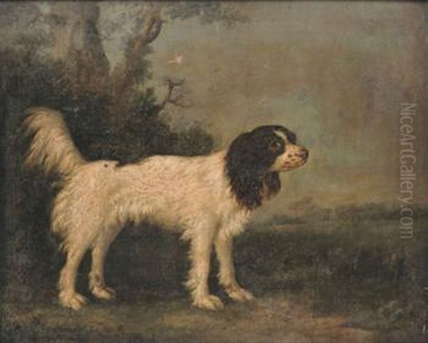 A Liver And White King Charles Spaniel In Alandscape Oil Painting by Charles Henry Schwanfelder