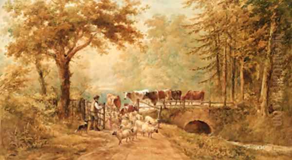 A shepherd driving cattle and sheep over a bridge in a wooded landscape Oil Painting by Henry Earp