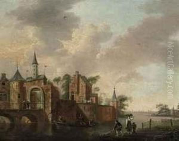 A Fortified City Gate Oil Painting by Hendrick Willelm Schweickhardt