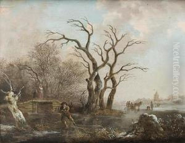 A Winter Landscape With A Man 
Walking His Dogbeside A Frozen River With Skaters And A Windmill Beyond Oil Painting by Hendrick Willelm Schweickhardt