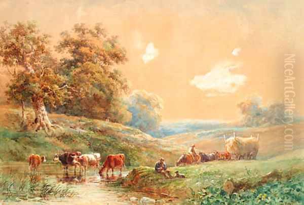 Figures with a horse and cart and cattle watering by a stream Oil Painting by Henry Earp